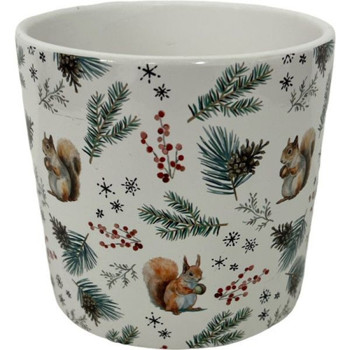 Christmas Squirrel & Seasonal Foliage Ceramic Pot