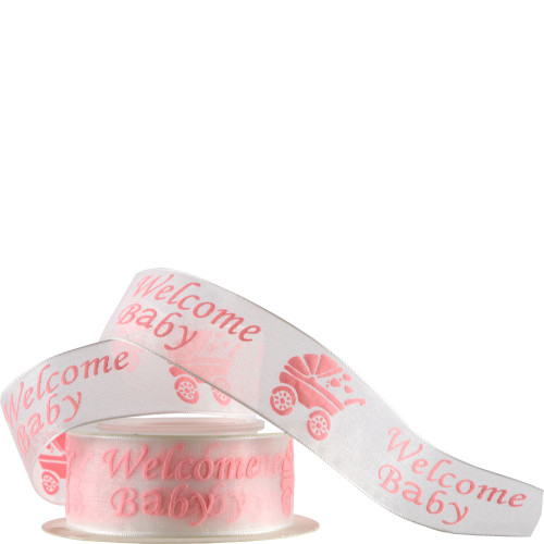 25mm Organza Message Ribbon - Welcome Baby Pram (Pink)