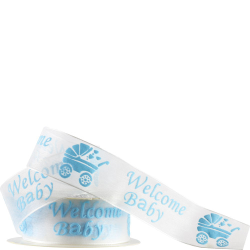 25mm Organza Message Ribbon - Welcome Baby Pram (Blue)