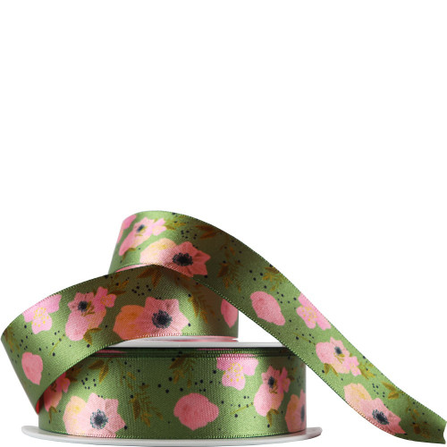 25mm Recycled Polyester Double-Sided Ribbon - Forest Green Floral