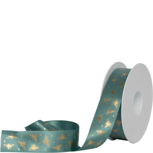 25mm Satin-Effect Recycled Polyester Ribbon - Beeline (Gold on Teal Vibes)