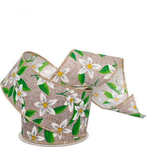 63mm Wired Edge Hessian Ribbon - Floral Harmony (Natural)
