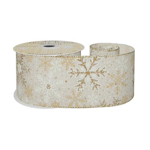 63mm Wired Edge Hessian Ribbon - Natural Golden Snowflakes