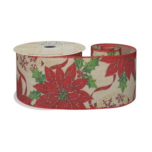 63mm Wired Edge Ribbon - Natural with Red Poinsettias & Baubles