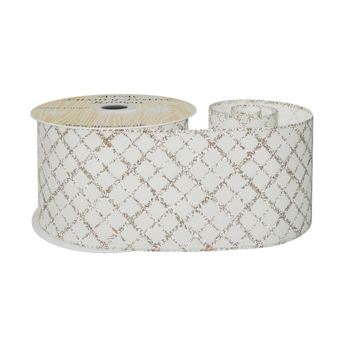 63mm Wired Edge Ribbon - Cream with Gold Glitter Diamonds