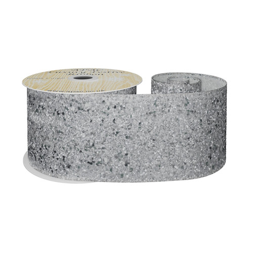 63mm Wired Edge Ribbon - Glittery Silver