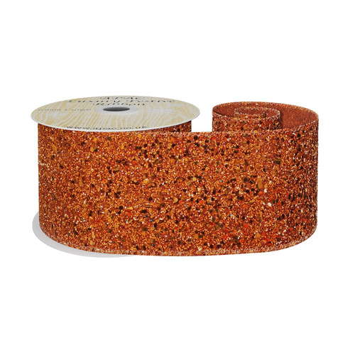 63mm Wired Edge Ribbon - Glittery Orange