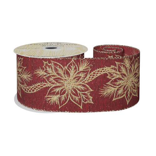 63mm Wired Edge Ribbon - Red with Gold Poinsettias