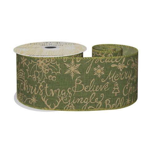 63mm Wired Edged Ribbon - Green with Gold Christmas Text