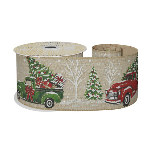 63mm Wired Edge Ribbon - Natural Red & Green Pick-up Truck With Trees