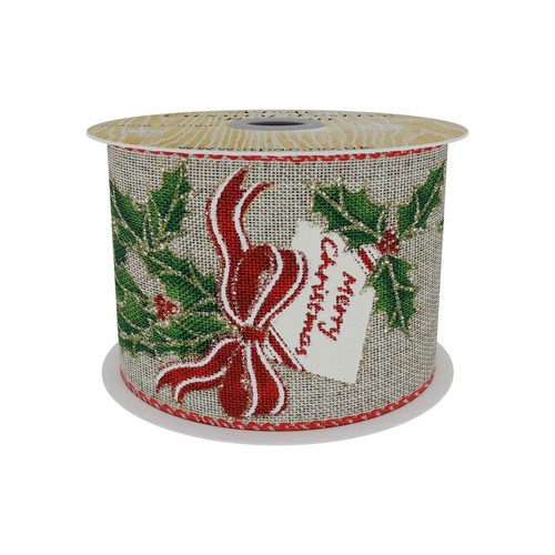 63mm Ribbon - Natural with Holly & Bow Print