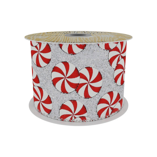 63mm Ribbon - Candy Circle Print  Silver/Red/White