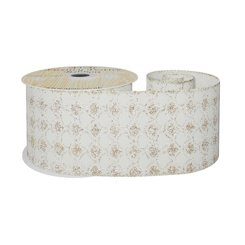 63mm Wired Edge Ribbon - Cream Ribbon with Gold Gliiter Scallop Design (9m/10yds)