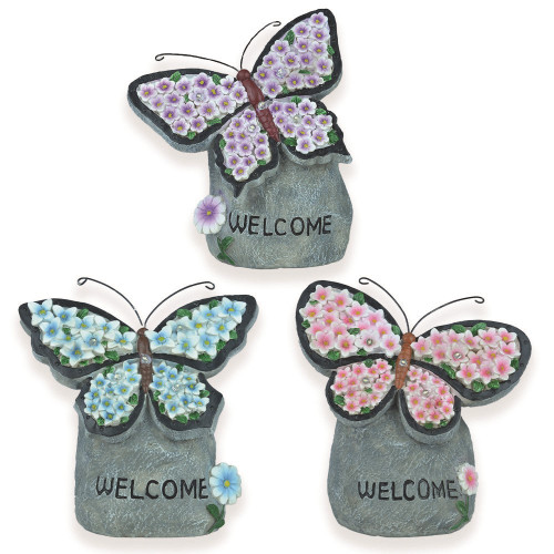 Butterflies on Rock with Solar Light 3 Asso (18cm) - Discontinued