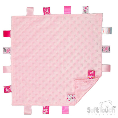 Pink Minky dimple fabric comforter with satin tags by Soft Touch