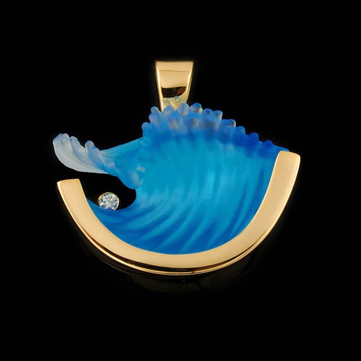 Large Curl Wave Glass Pendant | 14KT Yellow Gold, Diamond | Matt Bezak