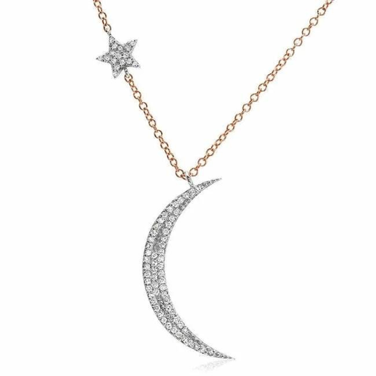 Crescent Moon & Star Necklace in Rose Gold & White Gold