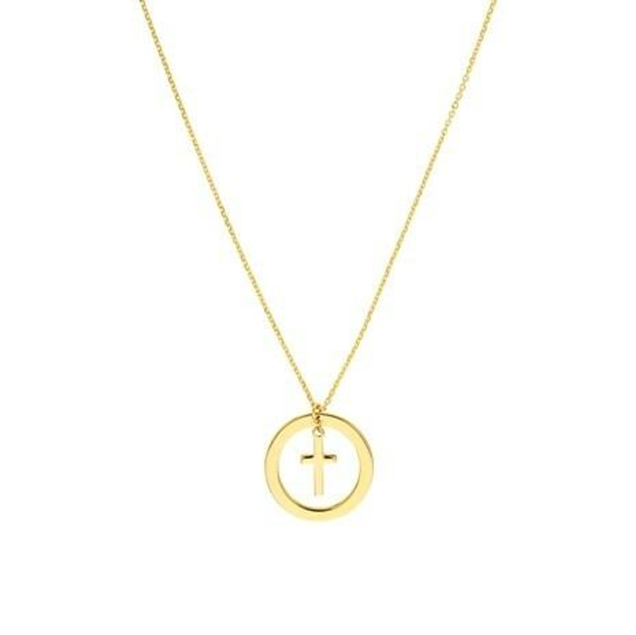 Cut Out Circle with Dangle Cross Yellow Gold Necklace