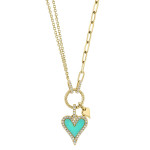 Shy Creation Diamond and Turquoise Yellow Gold Heart Paper Clip Link Necklace Shy Creation Diamond and Turquoise Yellow Gold Heart Paper Clip Link Necklace