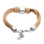 Bracelet in Multi Thread Silk and Leather with Heart - Silver - Camel
