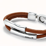 UNOde50 Ser Natural Double Camel Leather Bracelet with Two Silver Tubes