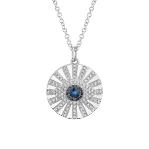 Shy Creation White Gold Evil Eye with Diamonds & Sapphires Necklace