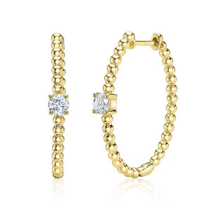 Shy Creation Oval Beaded Hoops with Diamond in Yellow Gold