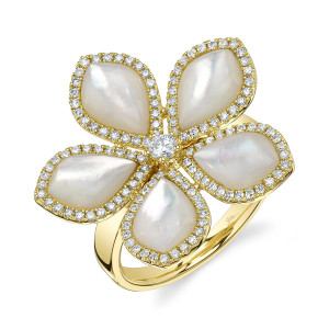 Shy Creation Mother of Pearl and Diamonds Flower Ring in Yellow Gold Shy Creation Mother of Pearl and Diamonds Flower Ring in Yellow Gold