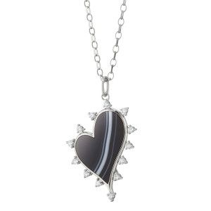 Monica Rich Kosann Large Black Agate Heart Necklace with White Sapphires