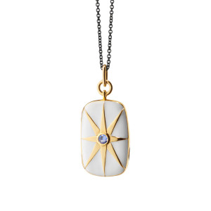 Monica Rich Kosann White Enamel Gold Star Locket with Blue Sapphire 