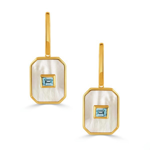 Doves by Doron Paloma Rectangular White Mother of Pearl Earrings with Sky Blue Topaz Center 