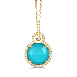Doves by Doron Paloma 18KT Round Turquoise and Diamond Pave Pendant Necklace