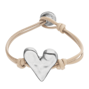Leather Bracelet with Heart Detail - Silver - Camel