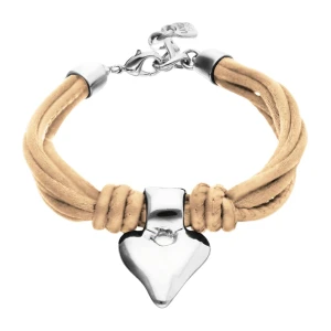 UNOde50 Bracelet in Multi Thread Silk and Leather with Heart - Silver - Camel