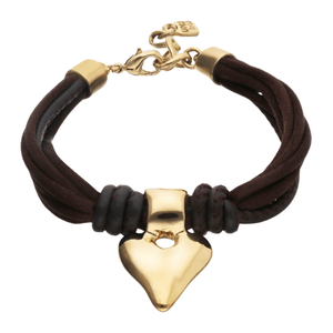 Bracelet in Multi Thread Silk and Leather with Heart - Gold - Brown