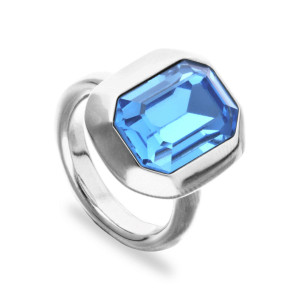 UNOde50 Rectangular Ring with Faceted Blue Crystal - Silver 