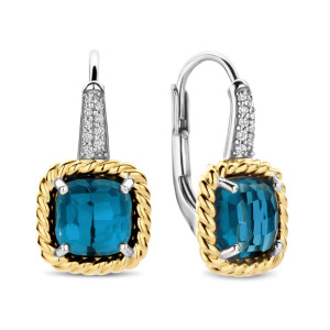 Ti Sento Milano Gold and Silver Earrings with Square Stone in Dark Blue