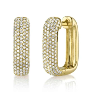 Shy Creation Diamond Pave Rectangle Hoop Earrings - Yellow Gold 