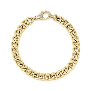 Shy Creation Diamond Cut Cuban Link Bracelet with Pave Diamond Clasp 