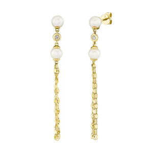 Shy Creation Diamond & Pearl Bezel Sparkle Chain Earring 