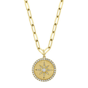 Shy Creation Diamond Bezel Matte Star Paperclip Link Necklace 