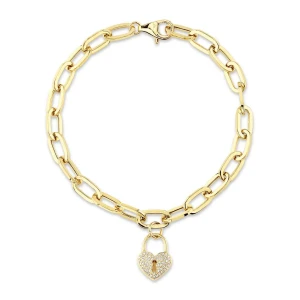 Shy Creation Diamond Pave Heart Lock Link Bracelet 