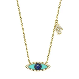 Shy Creation Turquoise & Blue Sapphire Evil Eye Necklace with Hamsa Accent 