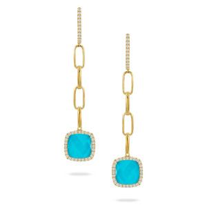 Doves by Doron Paloma Turquoise and Diamond Yellow Gold Cushion Dangle Earrings Doves by Doron Paloma Turquoise and Diamond Yellow Gold Cushion Dangle Earrings