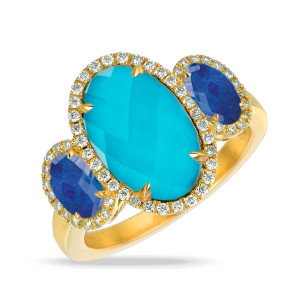 Doves by Doron Paloma Turquoise, Lapis and Diamond Triple Oval Yellow Gold Ring Doves by Doron Paloma Turquoise, Lapis and Diamond Triple Oval Yellow Gold Ring