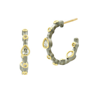 Freida Rothman Signature Teardrop Bezel Hoop Earrings Gold and Rhodium - Small Freida Rothman Signature Teardrop Bezel Hoop Earrings Gold and Rhodium - Small