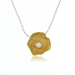 Mysterium Collection Medium Silver and Gold Petal Pendant Necklace with White Freshwater Pearl
