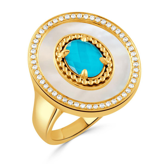 Doves by Doron Paloma Oval Shaped Turquoise and White Mother of Pearl with Diamonds Justinian Ring