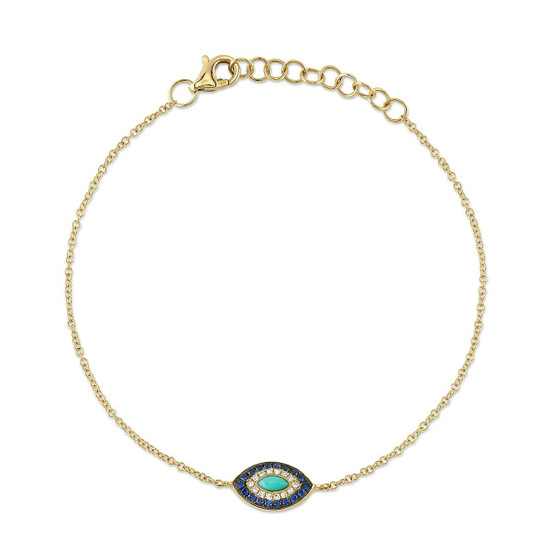 Shy Creation Yellow Gold Sapphire & Turquoise Evil Eye Bracelet