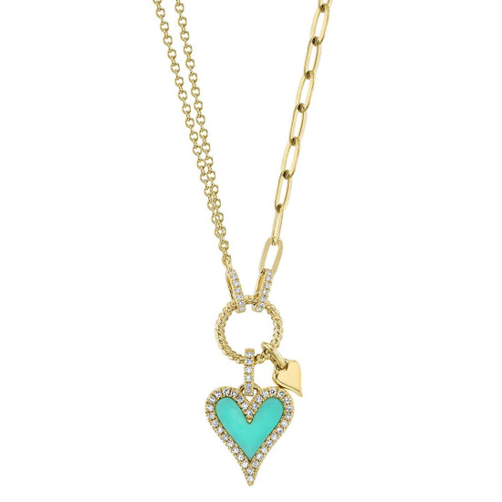 Shy Creation Diamond and Turquoise Yellow Gold Heart Paper Clip Link Necklace Shy Creation Diamond and Turquoise Yellow Gold Heart Paper Clip Link Necklace